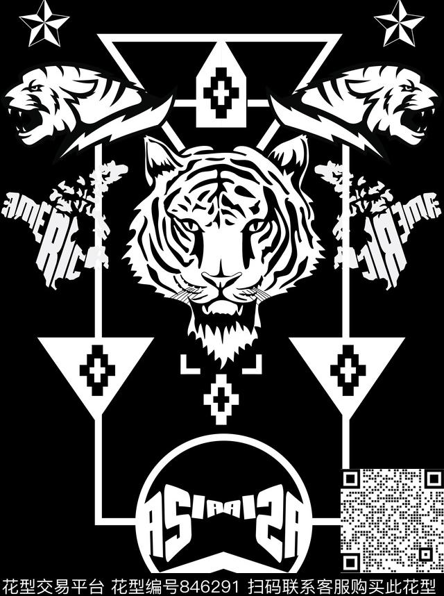 潮牌虎头黑白传统印花华亿平台下载（图片编号: 846291） - 瓦栏（Walan）