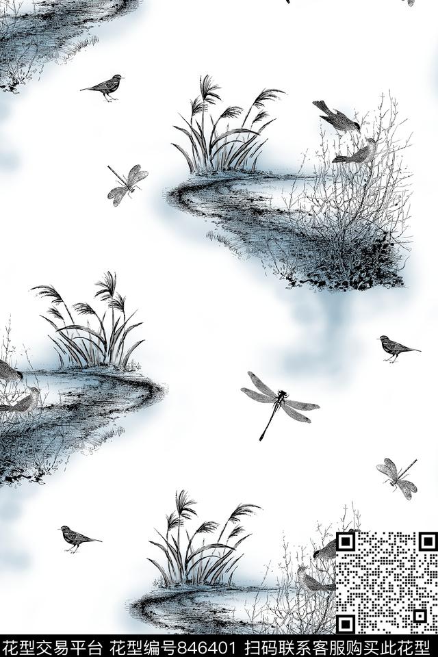 树小鸟蜻蜓传统印花华亿平台下载（图片编号: 846401） - 瓦栏（Walan）