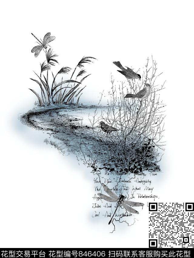 树芦苇鸟传统印花华亿平台下载（图片编号: 846406） - 瓦栏（Walan）