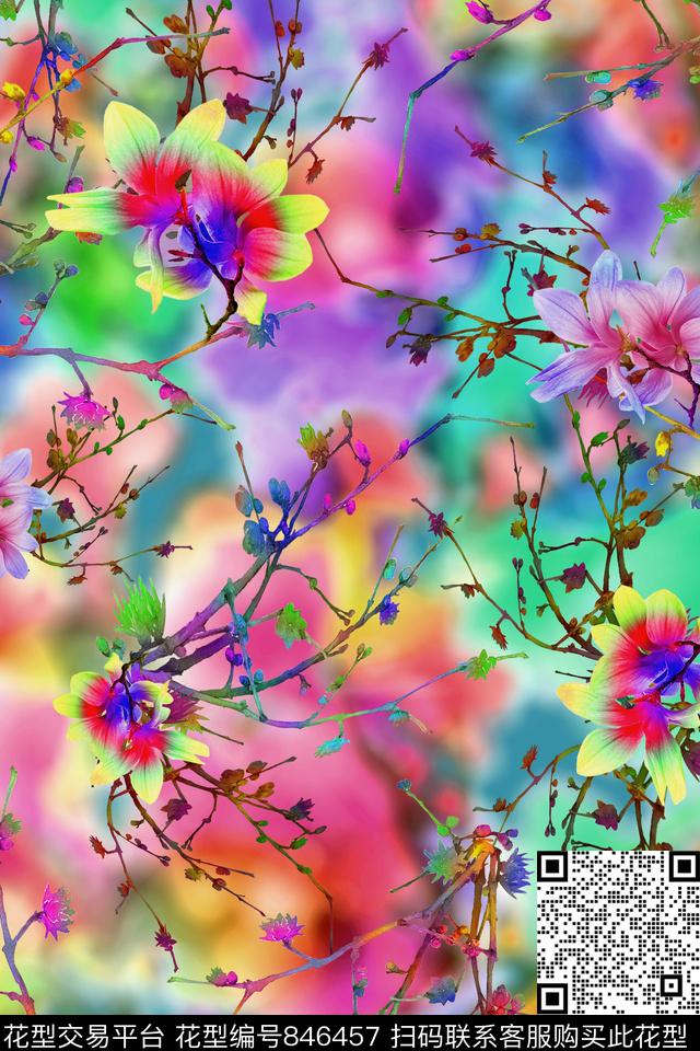 叶子花朵花卉数码印花华亿平台下载（图片编号: 846457） - 瓦栏（Walan）