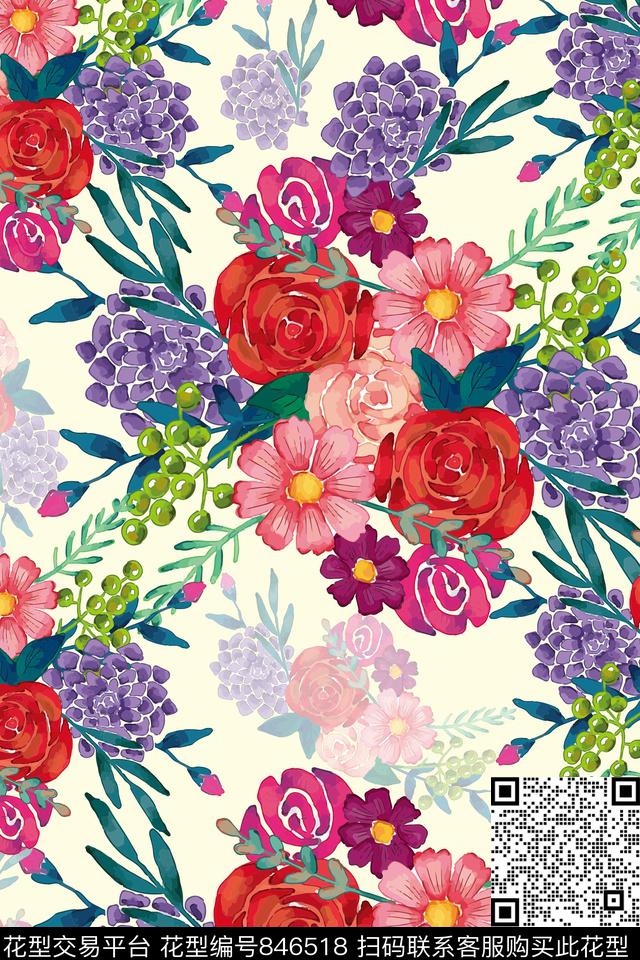 玫瑰菊花牡丹数码印花华亿平台下载（图片编号: 846518） - 瓦栏（Walan）