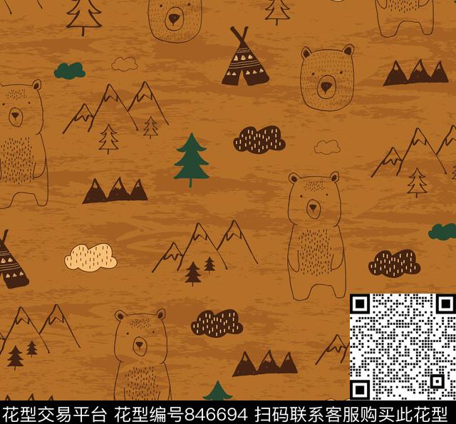 卡通熊森林传统印花华亿平台下载（图片编号: 846694） - 瓦栏（Walan）