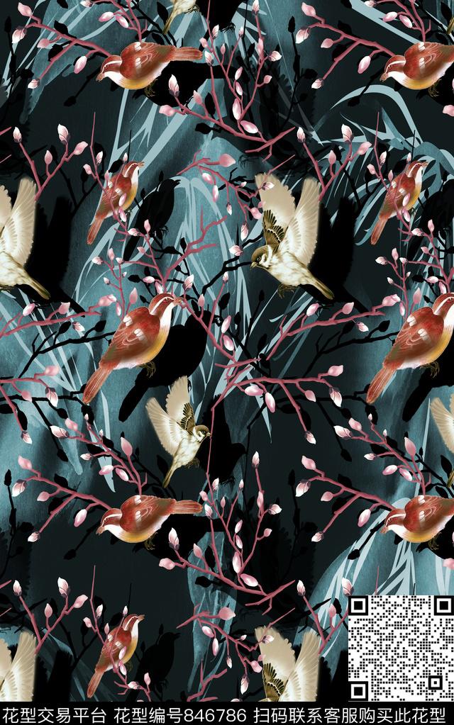 昆虫鸟蜜蜂数码印花华亿平台下载（图片编号: 846786） - 瓦栏（Walan）