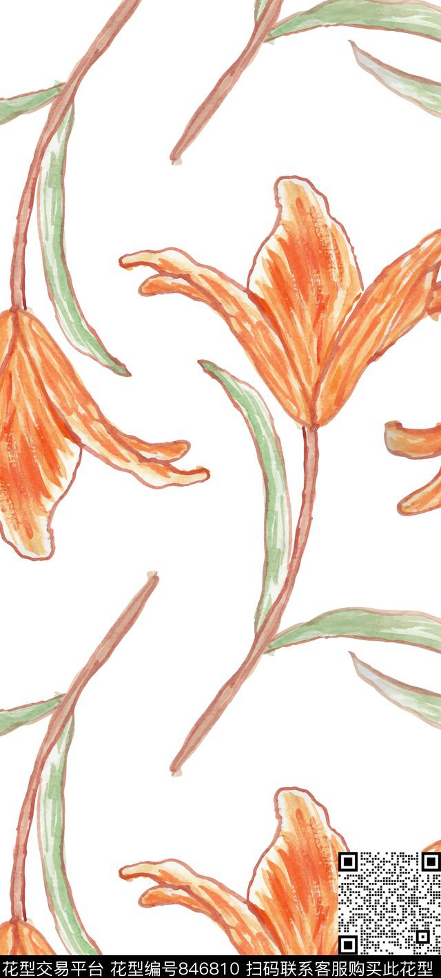 女装手绘水彩花卉百合花数码印花华亿平台下载（图片编号: 846810） - 瓦栏（Walan）