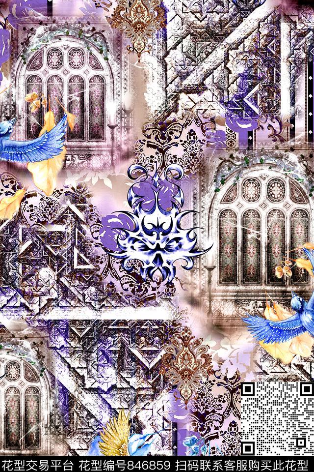 欧式建筑小鸟数码印花华亿平台下载（图片编号: 846859） - 瓦栏（Walan）