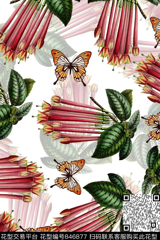 花卉蝴蝶花蝶图案数码印花华亿平台下载（图片编号: 846877） - 瓦栏（Walan）