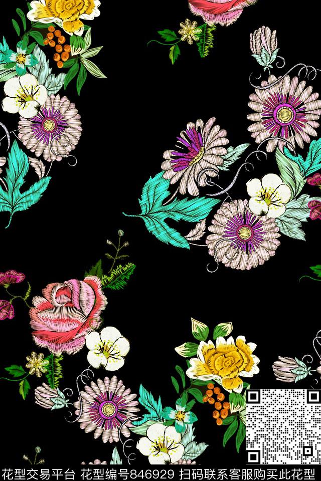 刺绣花卉碎花数码印花华亿平台下载（图片编号: 846929） - 瓦栏（Walan）