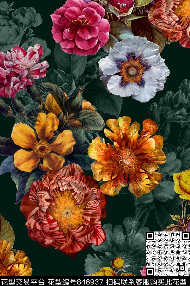 花卉牡丹向日葵数码印花华亿平台下载（图片编号: 846937） - 瓦栏（Walan）
