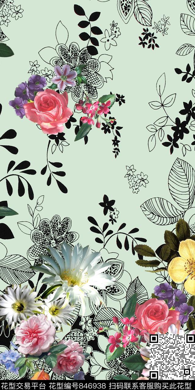 花卉热带风叶子数码印花华亿平台下载（图片编号: 846938） - 瓦栏（Walan）