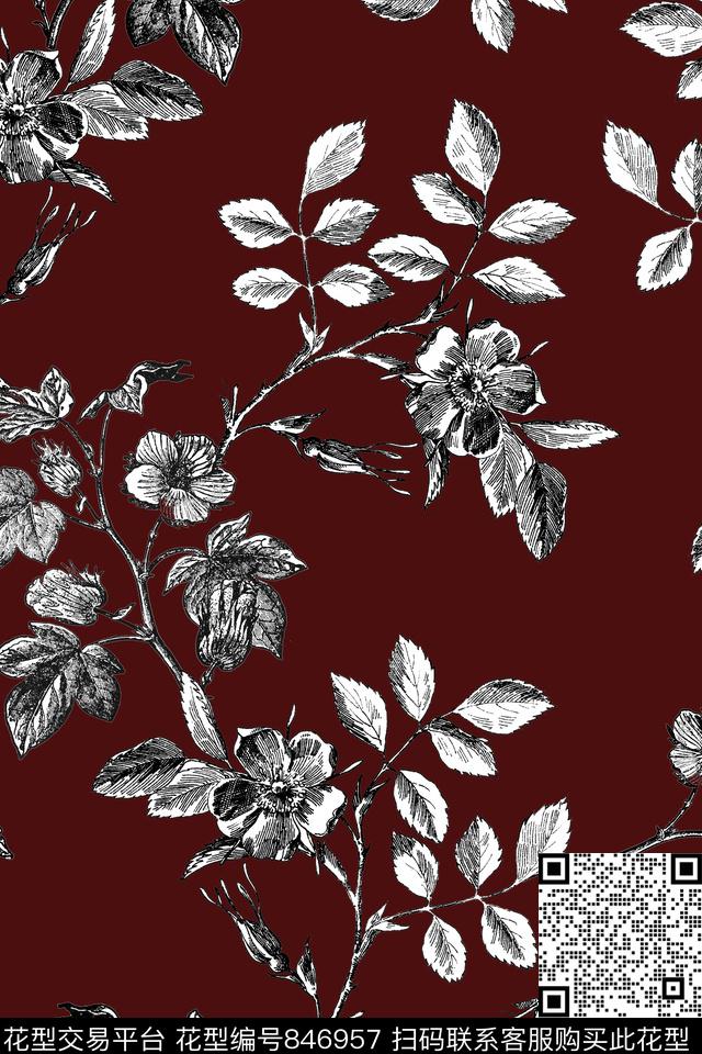 线描花卉桃花数码印花华亿平台下载（图片编号: 846957） - 瓦栏（Walan）