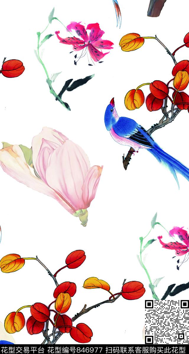 手绘流行时尚鸟数码印花华亿平台下载（图片编号: 846977） - 瓦栏（Walan）