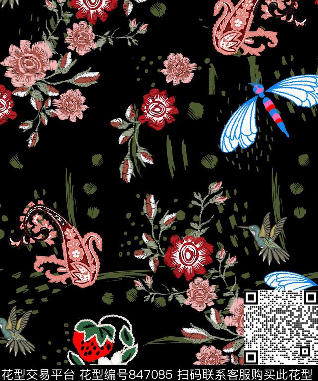 绣花蜻蜓火腿纹传统印花华亿平台下载（图片编号: 847085） - 瓦栏（Walan）