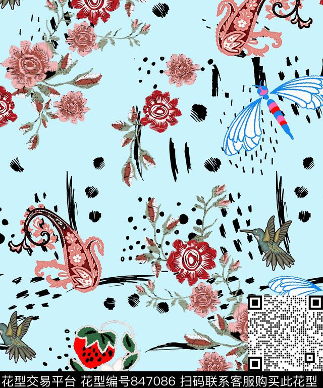 绣花蜻蜓火腿纹数码印花华亿平台下载（图片编号: 847086） - 瓦栏（Walan）