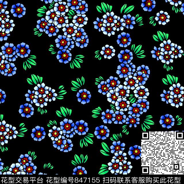 花卉手绘花卉蓝色花数码印花华亿平台下载（图片编号: 847155） - 瓦栏（Walan）