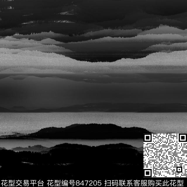 山水画潮流黑白数码印花华亿平台下载（图片编号: 847205） - 瓦栏（Walan）