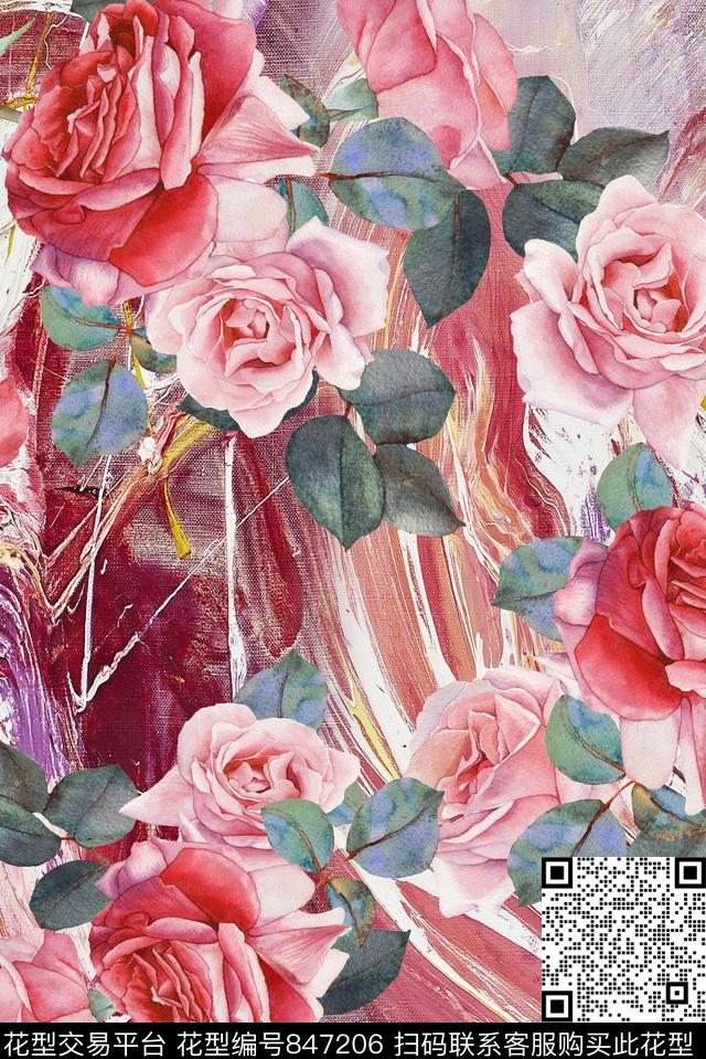 手绘玫瑰时尚面料花数码印花华亿平台下载（图片编号: 847206） - 瓦栏（Walan）