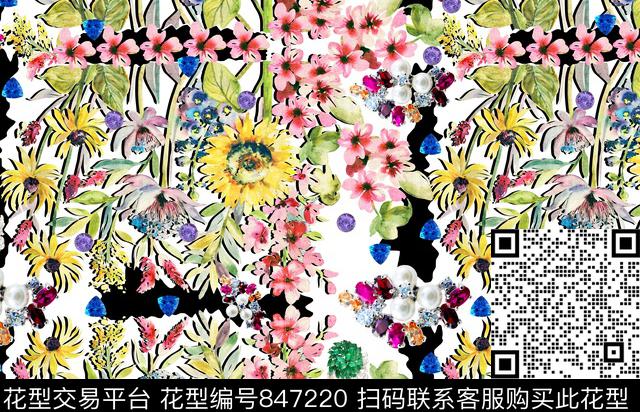 花卉手绘珠宝数码印花华亿平台下载（图片编号: 847220） - 瓦栏（Walan）