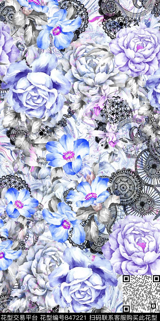 民族水彩花卉数码印花华亿平台下载（图片编号: 847221） - 瓦栏（Walan）