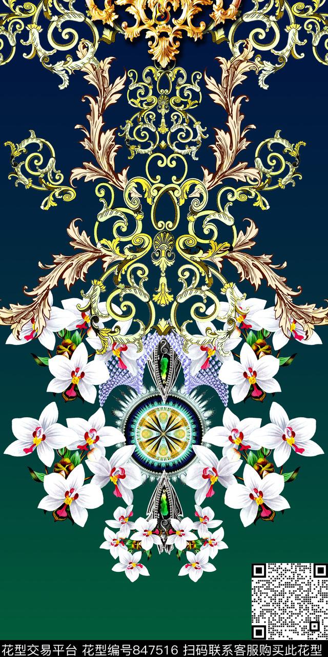 时尚卷草花卉数码印花华亿平台下载（图片编号: 847516） - 瓦栏（Walan）