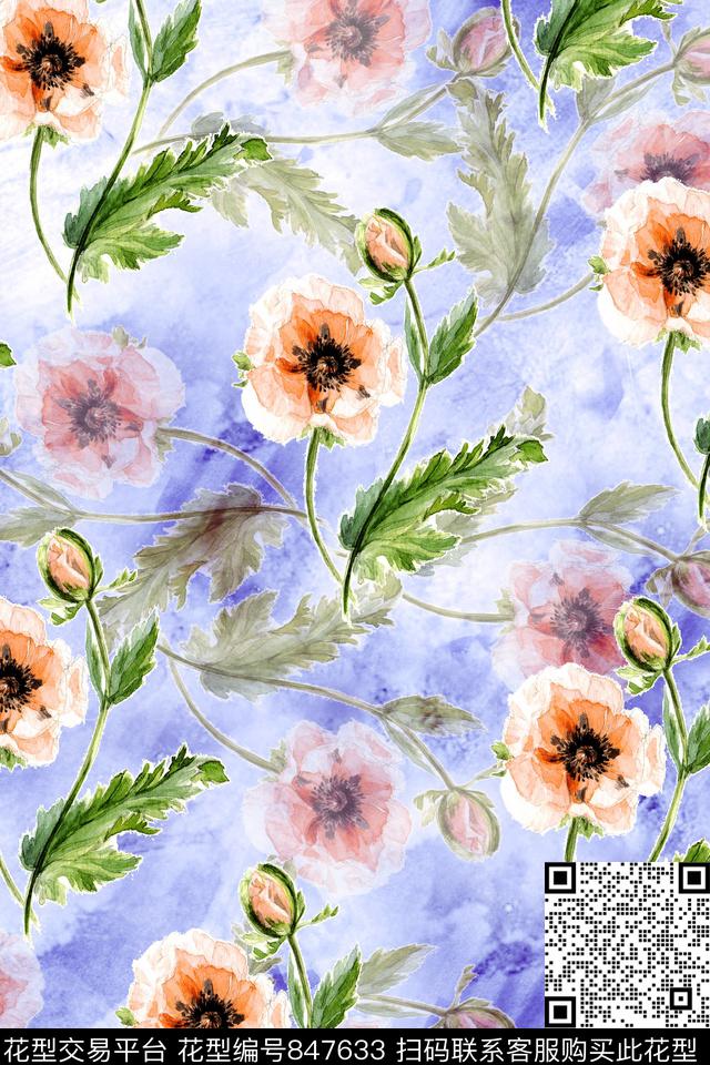乱花手绘花卉花朵数码印花华亿平台下载（图片编号: 847633） - 瓦栏（Walan）