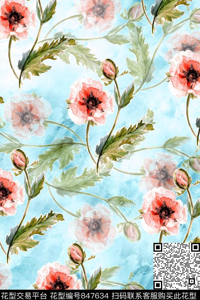 乱花手绘花卉花朵数码印花华亿平台下载（图片编号: 847634） - 瓦栏（Walan）