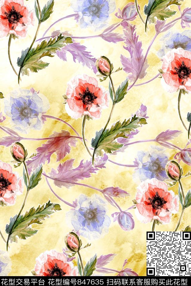 乱花手绘花卉花朵数码印花华亿平台下载（图片编号: 847635） - 瓦栏（Walan）