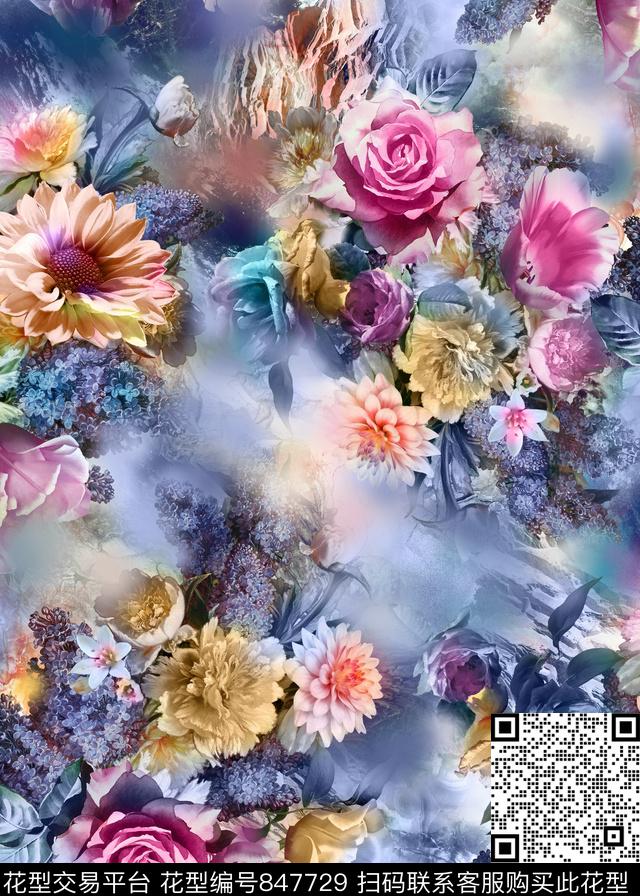 花朵花卉晕染数码印花华亿平台下载（图片编号: 847729） - 瓦栏（Walan）