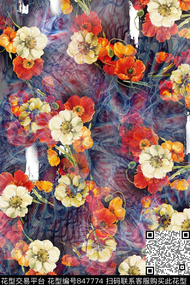 花朵抽象虞美人花数码印花华亿平台下载（图片编号: 847774） - 瓦栏（Walan）