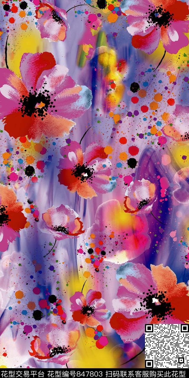 丝巾花卉面料数码印花华亿平台下载（图片编号: 847803） - 瓦栏（Walan）