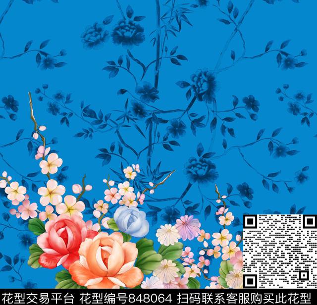 牡丹花朵花卉数码印花华亿平台下载（图片编号: 848064） - 瓦栏（Walan）