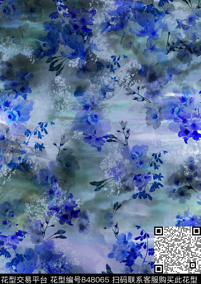 云纹花朵花卉数码印花华亿平台下载（图片编号: 848065） - 瓦栏（Walan）