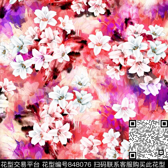 朦胧花卉手绘百合花卉数码印花华亿平台下载（图片编号: 848076） - 瓦栏（Walan）