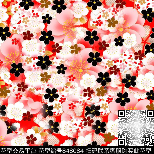 樱花吉祥花卉日式花卉传统印花华亿平台下载（图片编号: 848084） - 瓦栏（Walan）