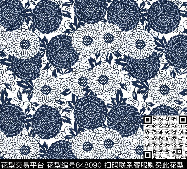 花卉吉祥花卉日本花卉传统印花华亿平台下载（图片编号: 848090） - 瓦栏（Walan）