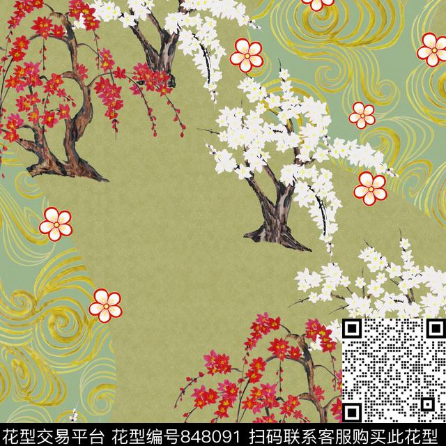 梅花手绘花卉满树花数码印花华亿平台下载（图片编号: 848091） - 瓦栏（Walan）