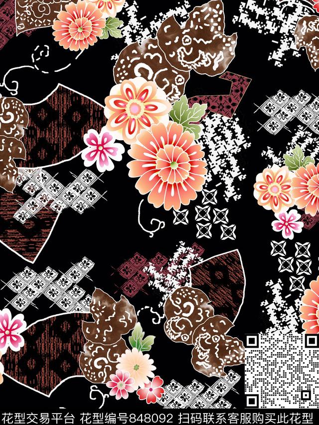 花卉纹样菊花传统印花华亿平台下载（图片编号: 848092） - 瓦栏（Walan）