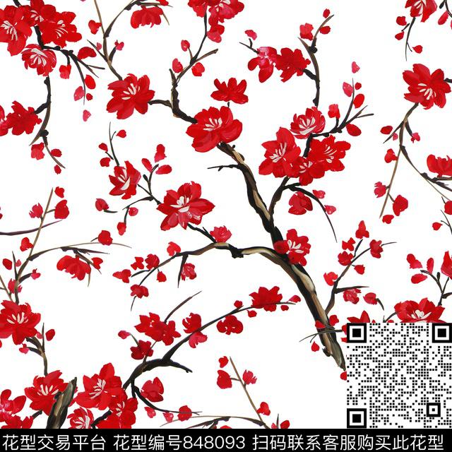 手绘花卉梅花红梅数码印花华亿平台下载（图片编号: 848093） - 瓦栏（Walan）