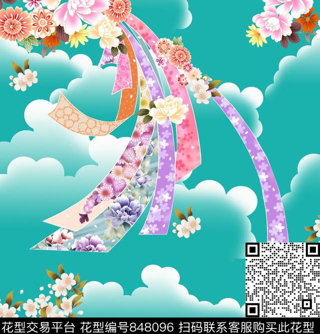 工笔花卉花卉飘带数码印花华亿平台下载（图片编号: 848096） - 瓦栏（Walan）