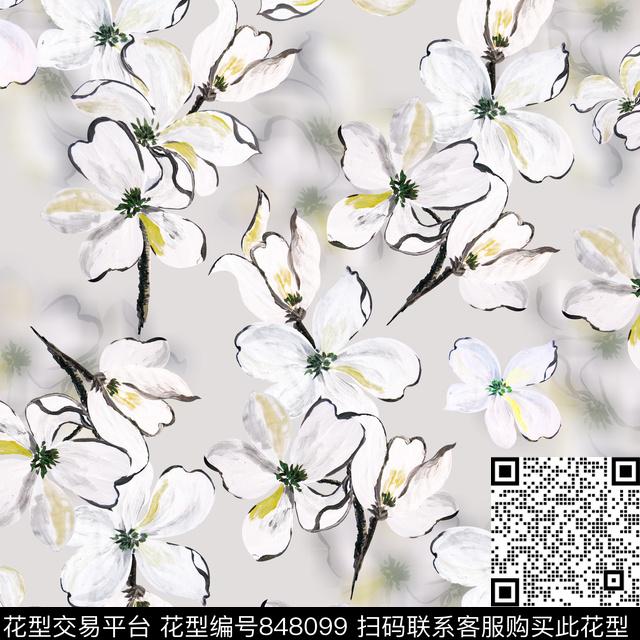 手绘花卉玉兰花白色花数码印花华亿平台下载（图片编号: 848099） - 瓦栏（Walan）