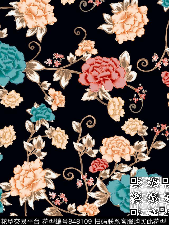 大花花朵花卉数码印花华亿平台下载（图片编号: 848109） - 瓦栏（Walan）