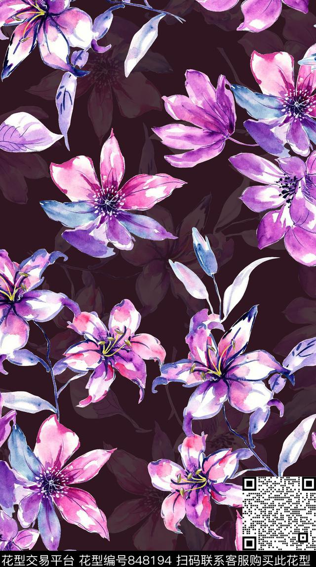 百合花瓣乱花数码印花华亿平台下载（图片编号: 848194） - 瓦栏（Walan）
