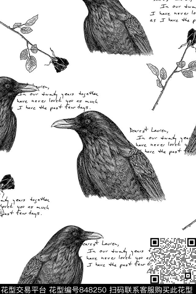 鸟花卉艺术英文字传统印花华亿平台下载（图片编号: 848250） - 瓦栏（Walan）