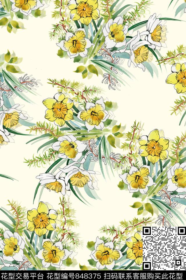 淡雅清新夏日花卉数码印花华亿平台下载（图片编号: 848375） - 瓦栏（Walan）