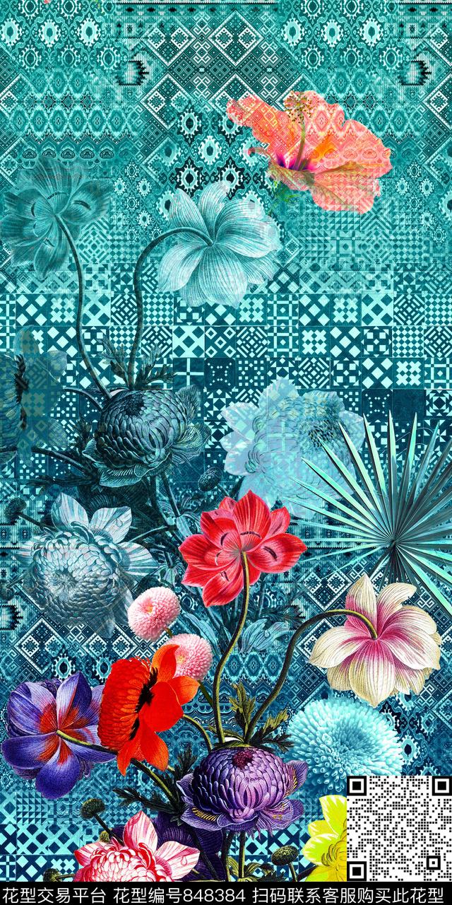 时尚格子花卉数码印花华亿平台下载（图片编号: 848384） - 瓦栏（Walan）