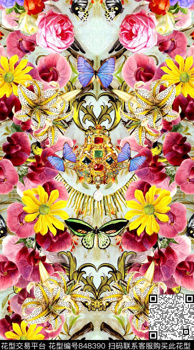时尚手绘蝴蝶兰数码印花华亿平台下载（图片编号: 848390） - 瓦栏（Walan）