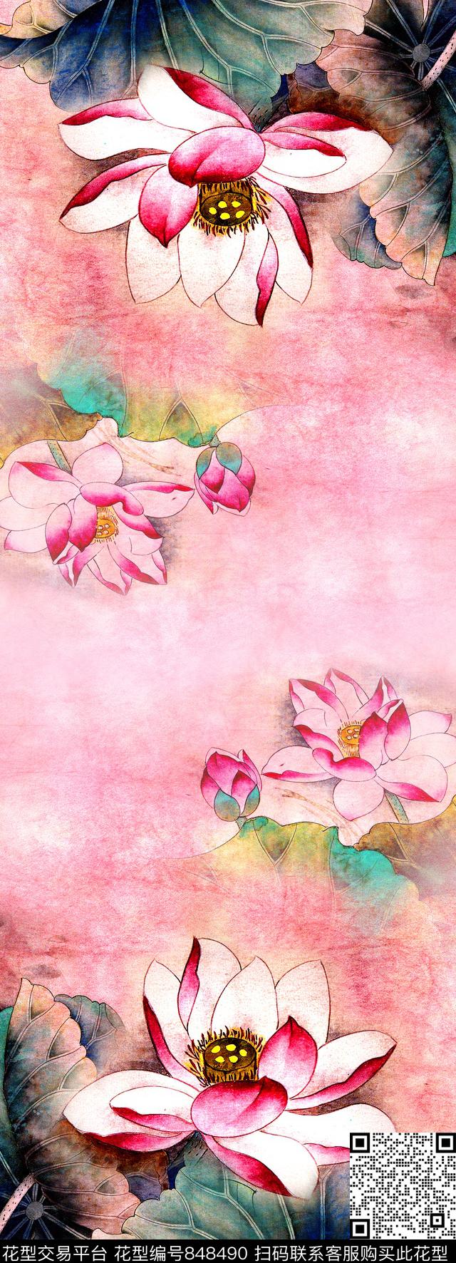 长巾水彩荷花数码印花华亿平台下载（图片编号: 848490） - 瓦栏（Walan）