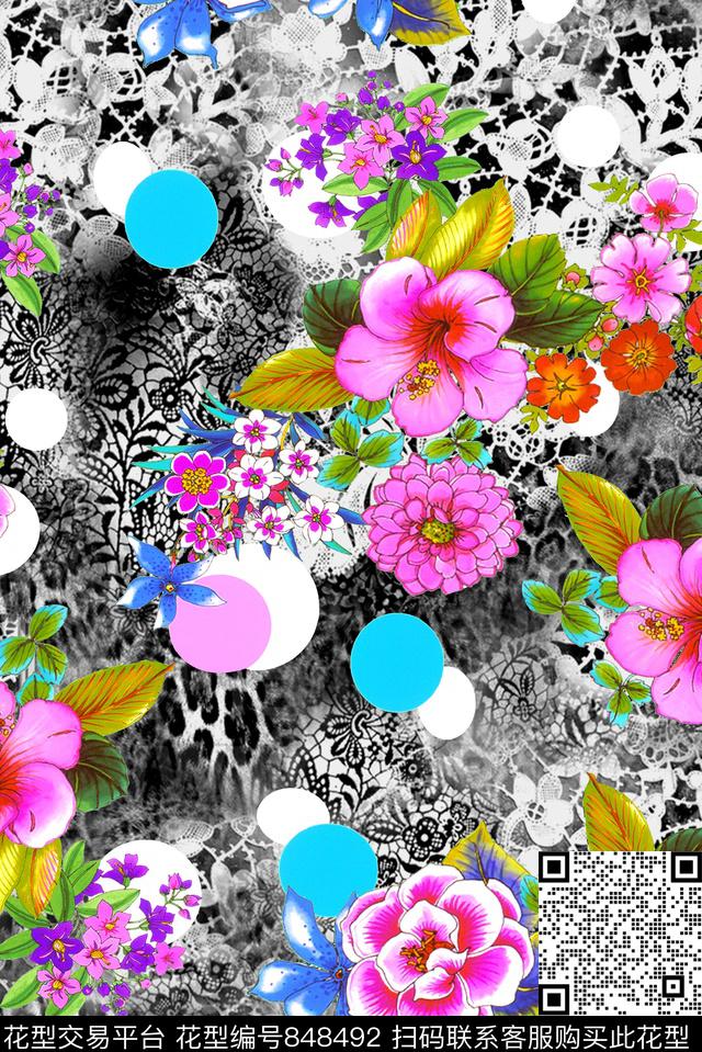 几何花朵花卉数码印花华亿平台下载（图片编号: 848492） - 瓦栏（Walan）