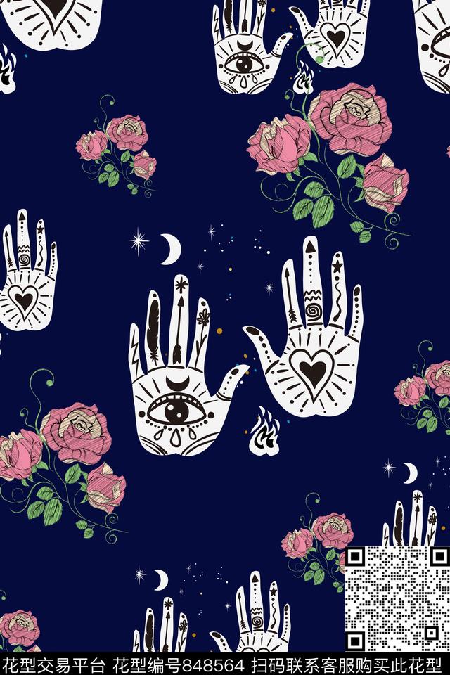 手绘艺术玫瑰花卉传统印花华亿平台下载（图片编号: 848564） - 瓦栏（Walan）