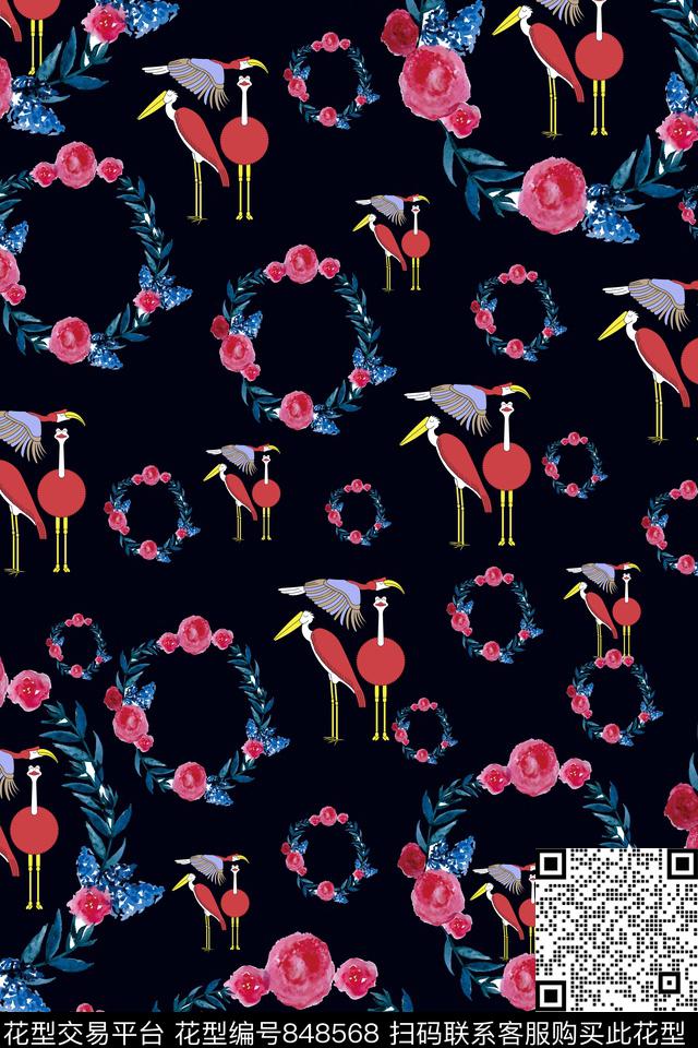 圆圈花卉花鸟传统印花华亿平台下载（图片编号: 848568） - 瓦栏（Walan）