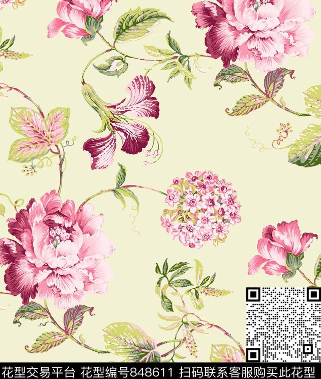 大花花卉女装传统印花华亿平台下载（图片编号: 848611） - 瓦栏（Walan）